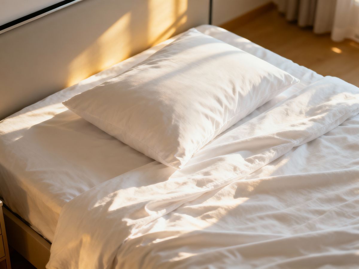 Una vista dall'alto di un letto ordinato con lenzuola bianche e un cuscino, senza alcuno schermo o dispositivo elettronico visibile nelle vicinanze, trasmettendo un forte senso di pulizia e tranquillità.