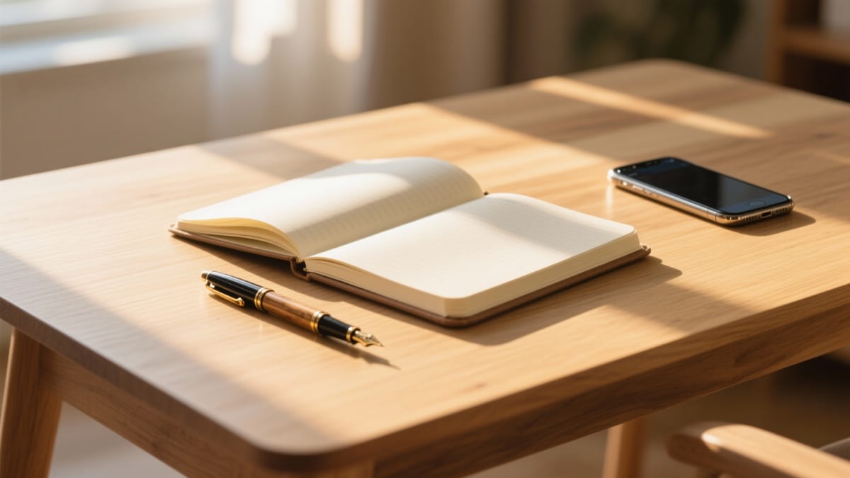 Una scrivania in legno minimalista illuminata dalla luce mattutina, con un blocco appunti aperto, una penna stilografica e uno smartphone capovolto