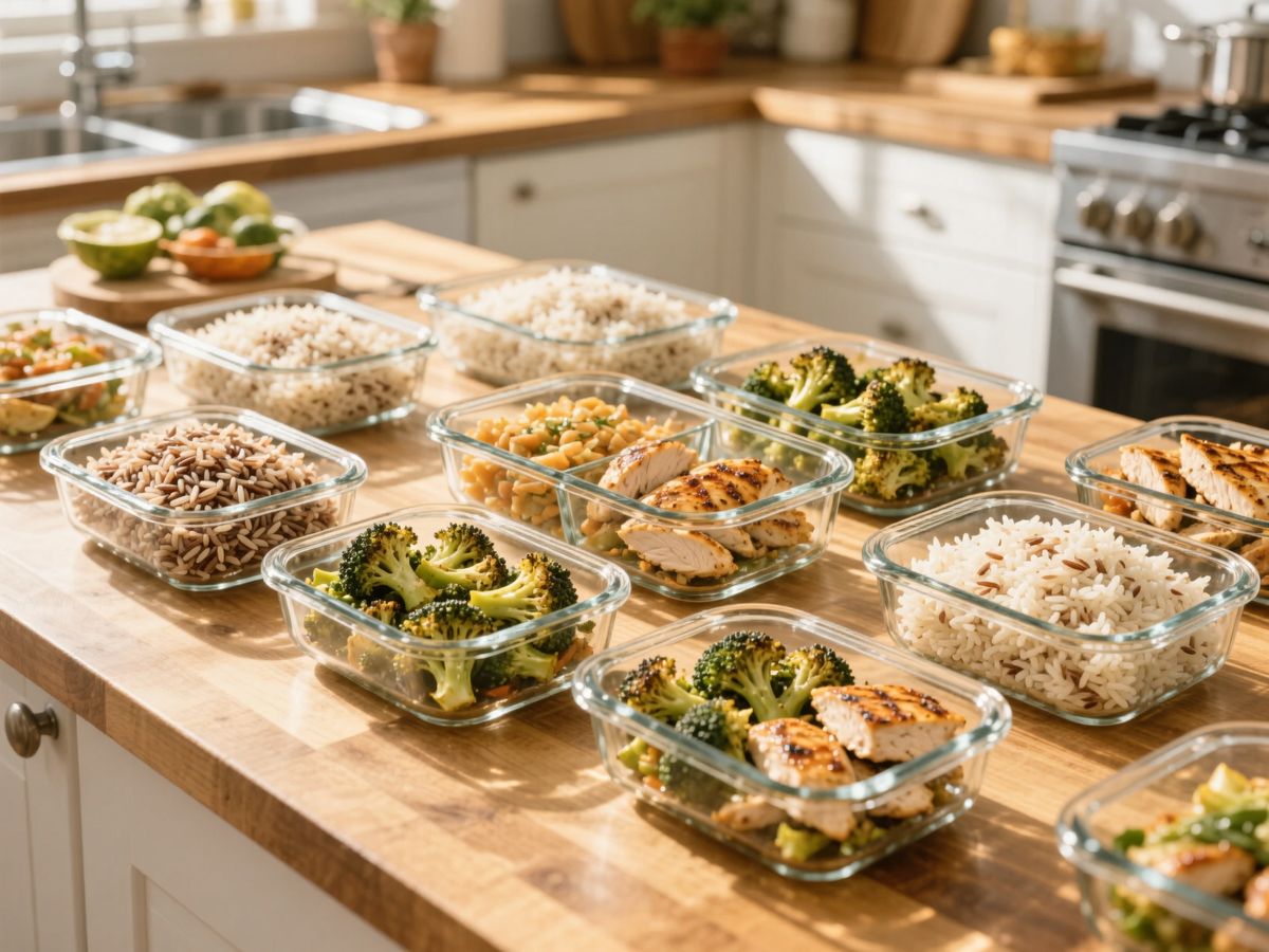 Un piano di lavoro in cucina con contenitori in vetro per il meal prep riempiti con porzioni precise di riso integrale, broccoli arrostiti e pollo grigliato, pronti per la settimana.