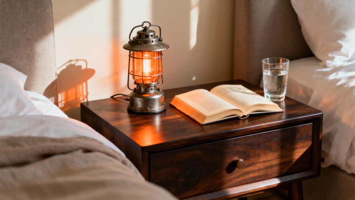 Un comodino in legno scuro su cui è appoggiata una piccola lampada dal design industriale che emette una debole luce arancione, accanto a un libro aperto e un bicchiere d'acqua.