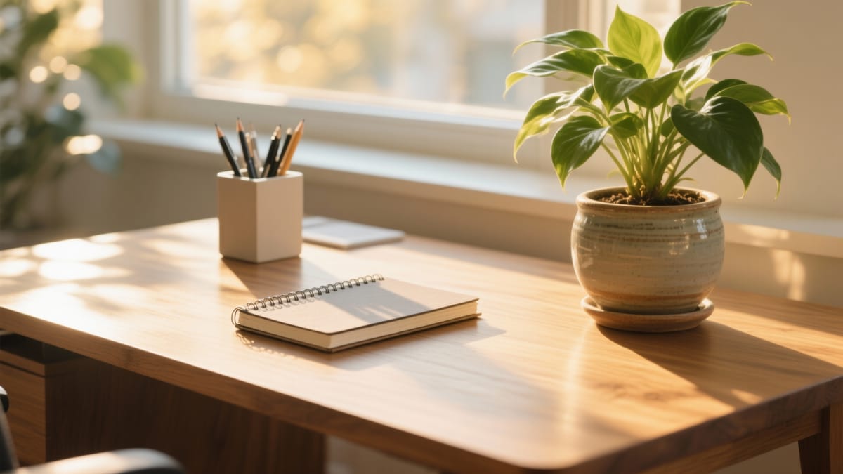 Una scrivania in legno ordinata con un portapenne minimalista, una pianta verde in un vaso di ceramica e un taccuino chiuso, illuminata dalla luce naturale del mattino