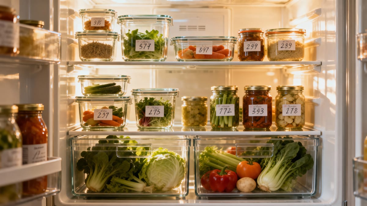 Interno di un frigorifero ben organizzato con contenitori in vetro trasparente impilati, verdure fresche nei cassetti inferiori e barattoli etichettati con le date.