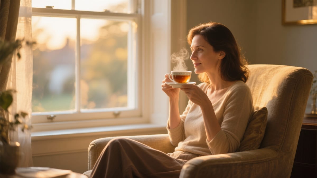 Una donna seduta su una poltrona confortevole vicino a una finestra, che beve una tazza di tè caldo guardando fuori in un tranquillo momento di pausa serale.
