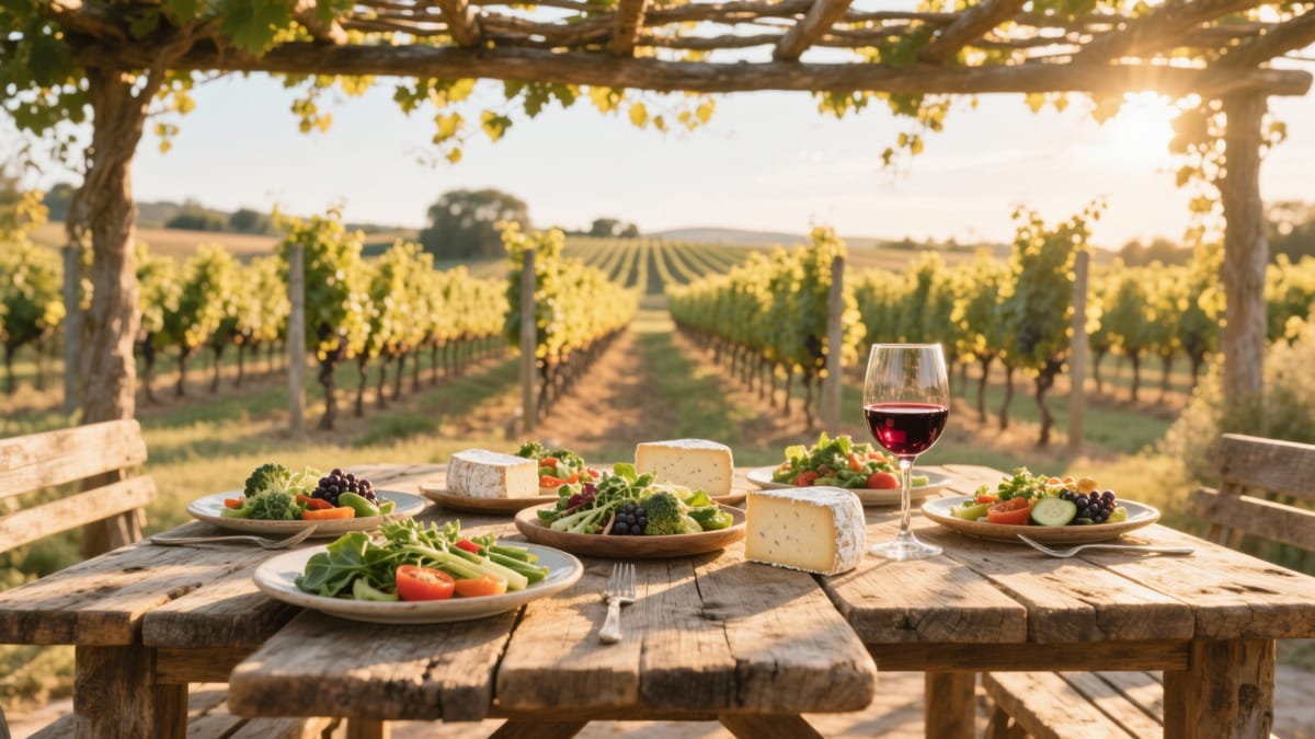 Un tavolo in legno rustico all'aperto sotto un pergolato, apparecchiato con piatti di verdure fresche, formaggi artigianali e un bicchiere di vino rosso, con filari di vigneti illuminati dal sole pomeridiano sullo sfondo