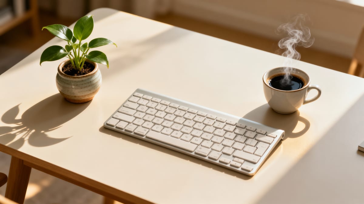 Una scrivania minimalista vista dall'alto, con una tastiera pulita, una pianta verde in un piccolo vaso di ceramica e una tazza di caffè nero fumante, senza altri oggetti intorno