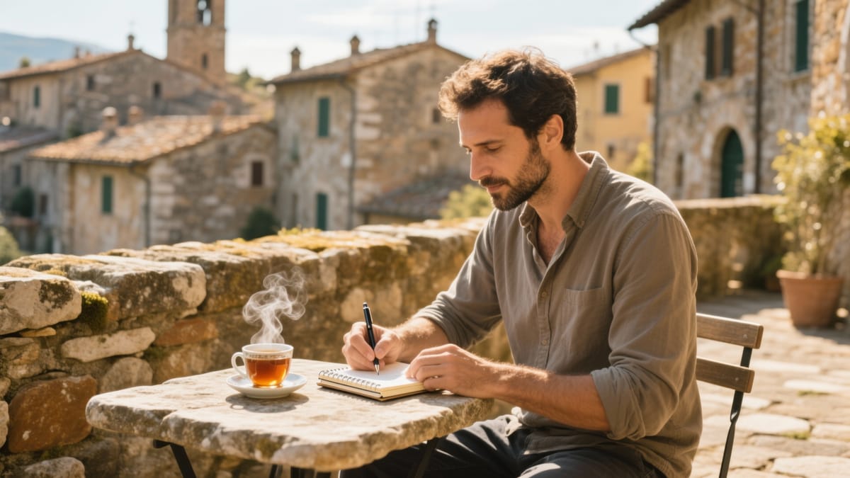 Un uomo in abbigliamento casual seduto su una terrazza in pietra di un borgo antico, intento a scrivere su un taccuino cartaceo con una tazza di tè fumante accanto, senza alcun dispositivo elettronico sul tavolo.
