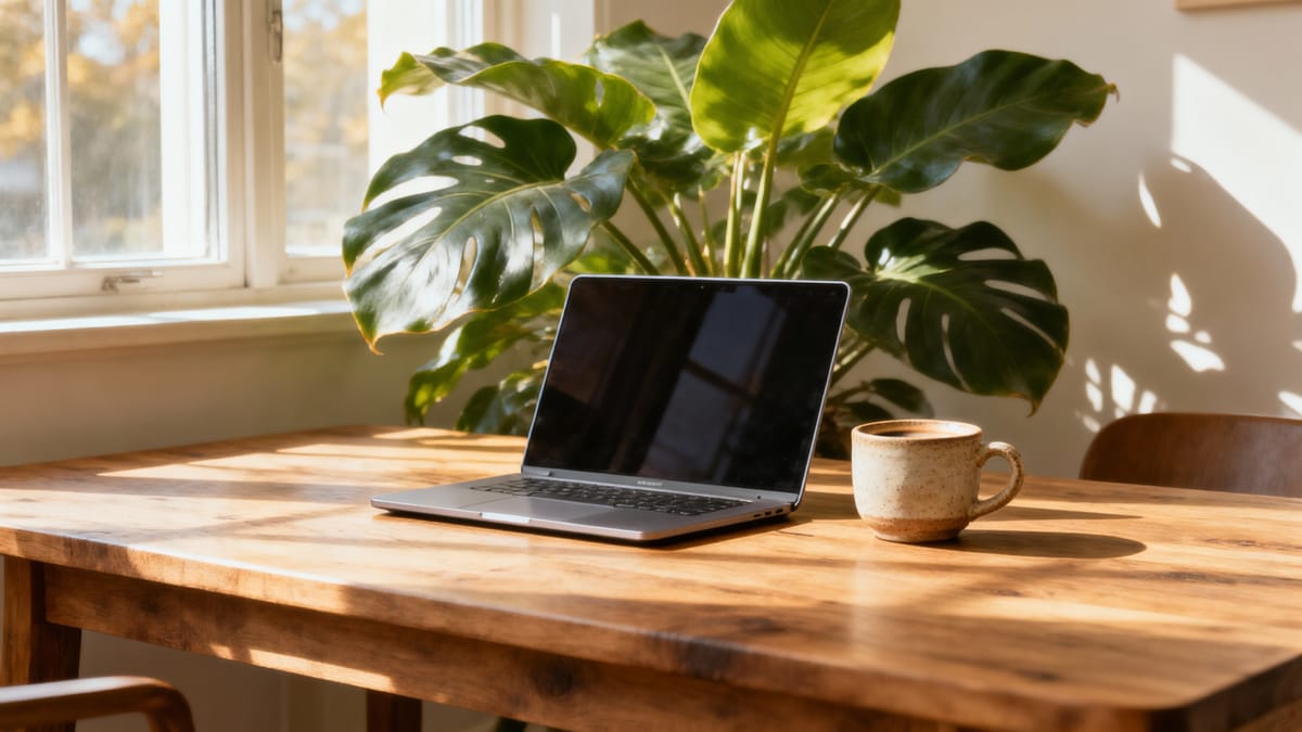 Una scrivania in legno massiccio ordinata con un computer portatile, una tazza di caffè in ceramica grezza e una grande pianta a foglia larga, con luce naturale che entra lateralmente da una finestra.