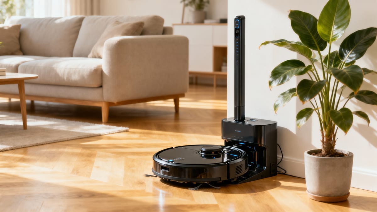 Un salotto moderno e ordinato con pavimenti in legno chiaro; in un angolo, un robot aspirapolvere nero opaco è agganciato alla sua stazione di ricarica verticale vicino a una pianta d'appartamento a foglia larga.