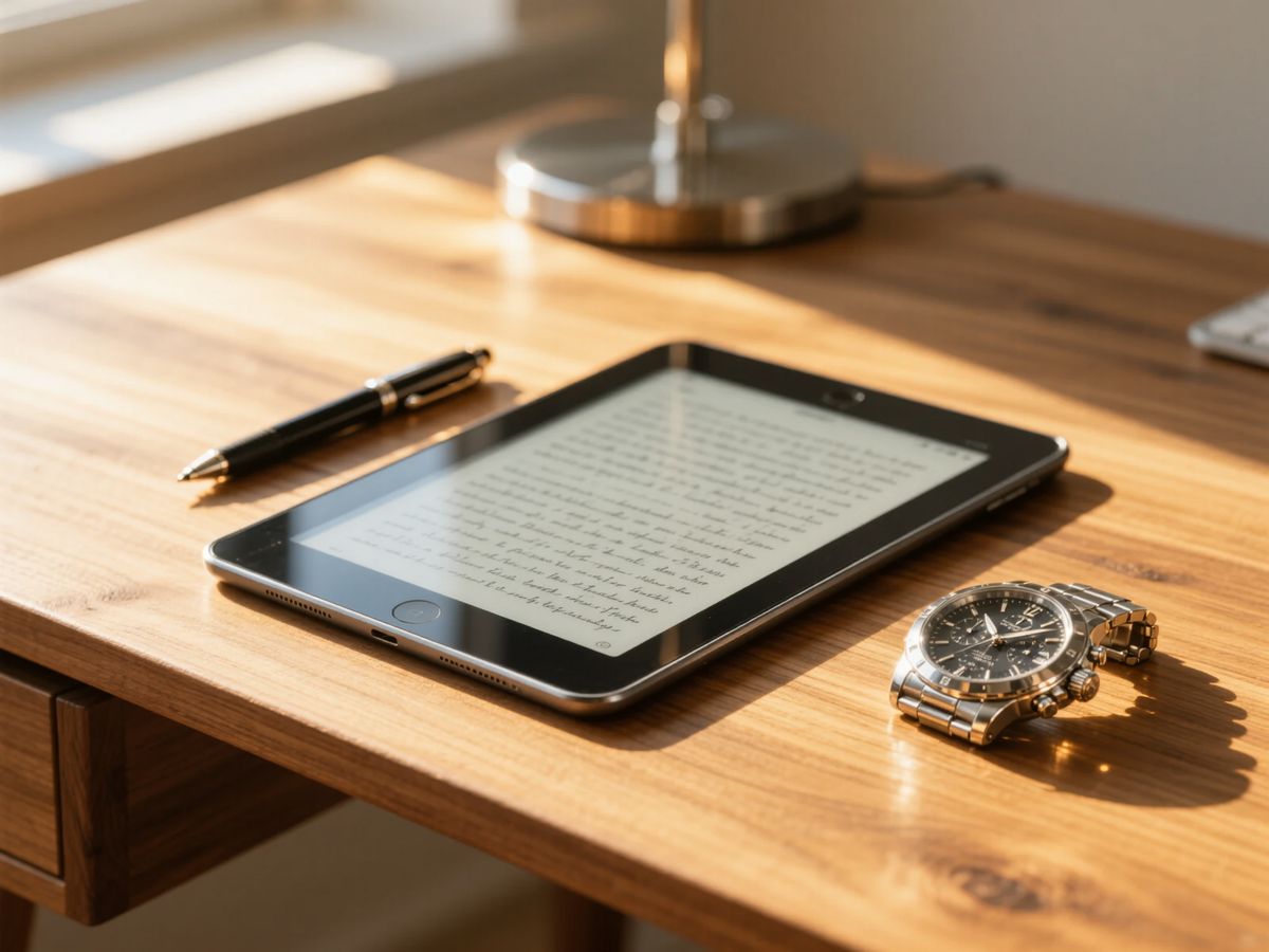 Una scrivania minimalista in legno massello su cui sono appoggiati un tablet con schermo e-ink, una penna stilo e un orologio meccanico in acciaio, illuminati da una calda luce pomeridiana.