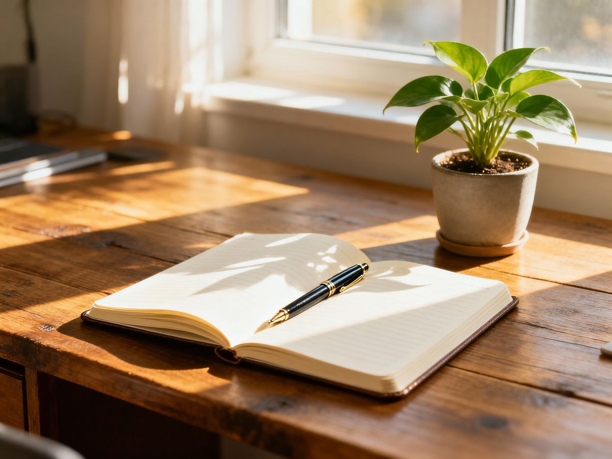 Un diario aperto con una penna appoggiata sopra, accanto a una piccola pianta verde da appartamento su una scrivania di legno massiccio illuminata dalla luce del mattino.