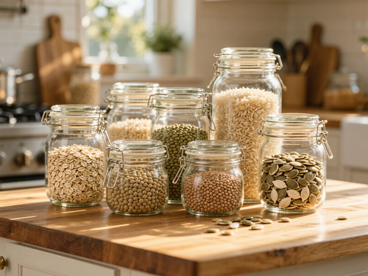Vari contenitori di vetro per la conservazione degli alimenti riempiti con avena, lenticchie, riso integrale e semi di zucca, disposti ordinatamente su un piano di lavoro in legno della cucina.
