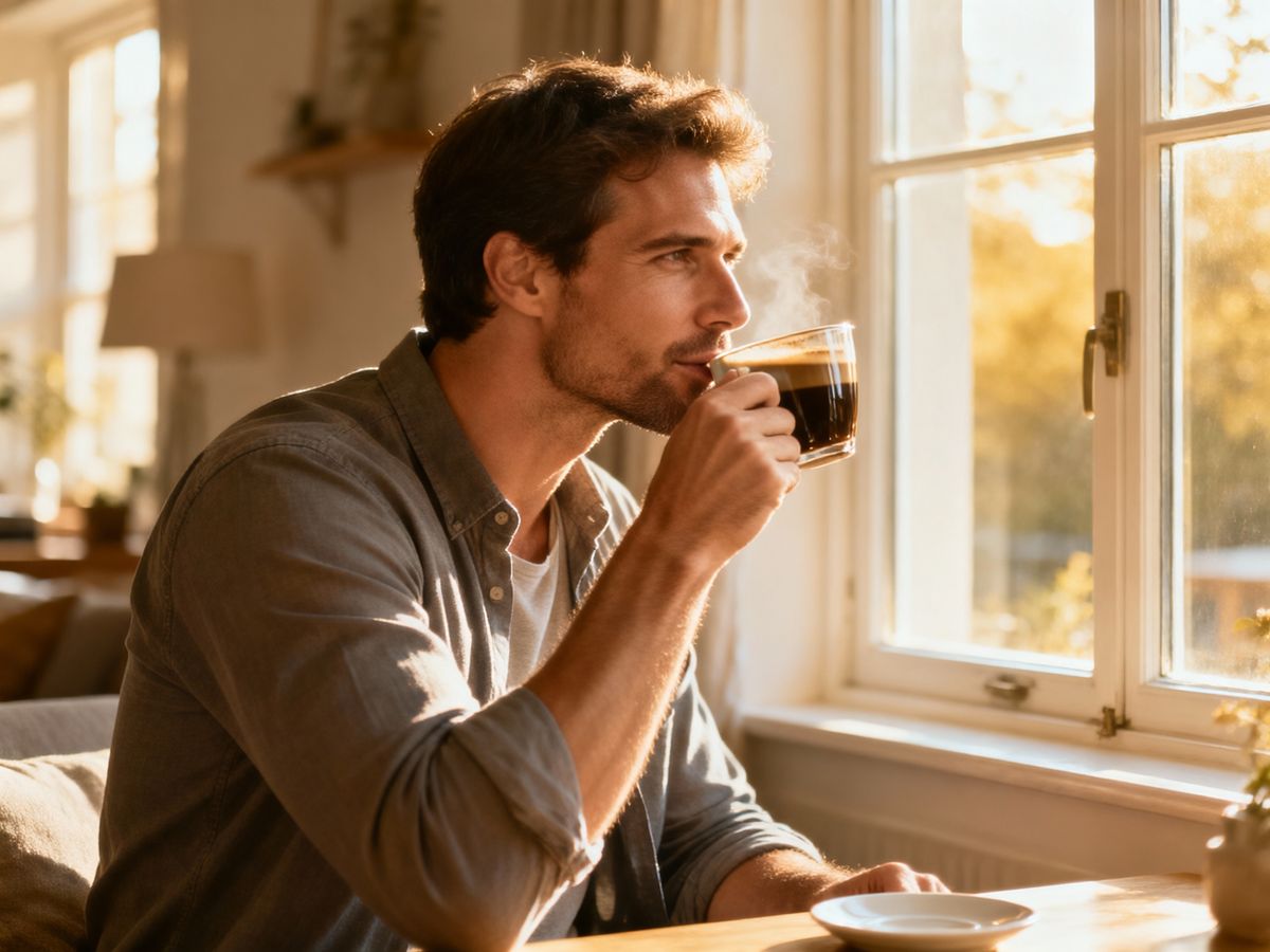 Un uomo in abiti casual-smart che beve un caffè guardando fuori dalla finestra in un ambiente domestico rilassante, senza alcuno schermo intorno