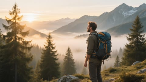 Uomo con zaino da trekking osserva un panorama montano incontaminato all'alba tra conifere e nebbia leggera.