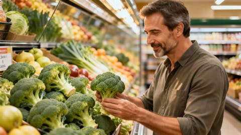 Uomo quarantenne che seleziona con cura dei broccoli freschi nel reparto ortofrutta del supermercato.