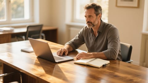 Un uomo di 40 anni seduto a una scrivania di legno ordinata e spaziosa con solo un laptop e un taccuino aperto.