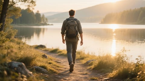 Uomo con zaino che cammina lungo un sentiero naturale verso un lago all'alba
