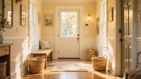 Un ingresso domestico ordinato con panca in legno, cesti in vimini e pareti luminose che trasmettono un senso di armonia.