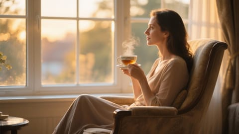 Una donna seduta in poltrona che osserva fuori dalla finestra durante un momento di calma serale con una tazza di tè.