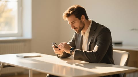 Uomo in abito seduto a una scrivania minimalista mentre regola con precisione il suo smartwatch sotto la luce naturale.