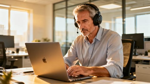 Uomo di mezza età concentrato al computer portatile in un ufficio luminoso mentre indossa cuffie over-ear.