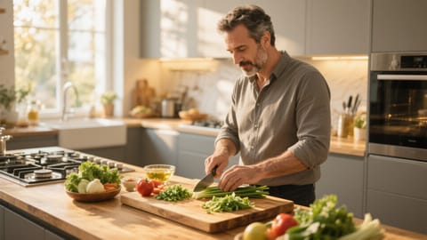 Uomo di quarant'anni in una cucina moderna mentre prepara ingredienti freschi su un tagliere di legno.