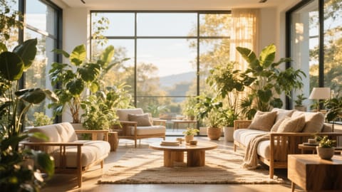 Soggiorno moderno con ampie finestre, piante rigogliose, arredi in legno e tessuti naturali inondati dalla luce solare.